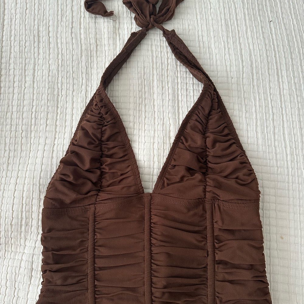 Brown Halter Ruched Top